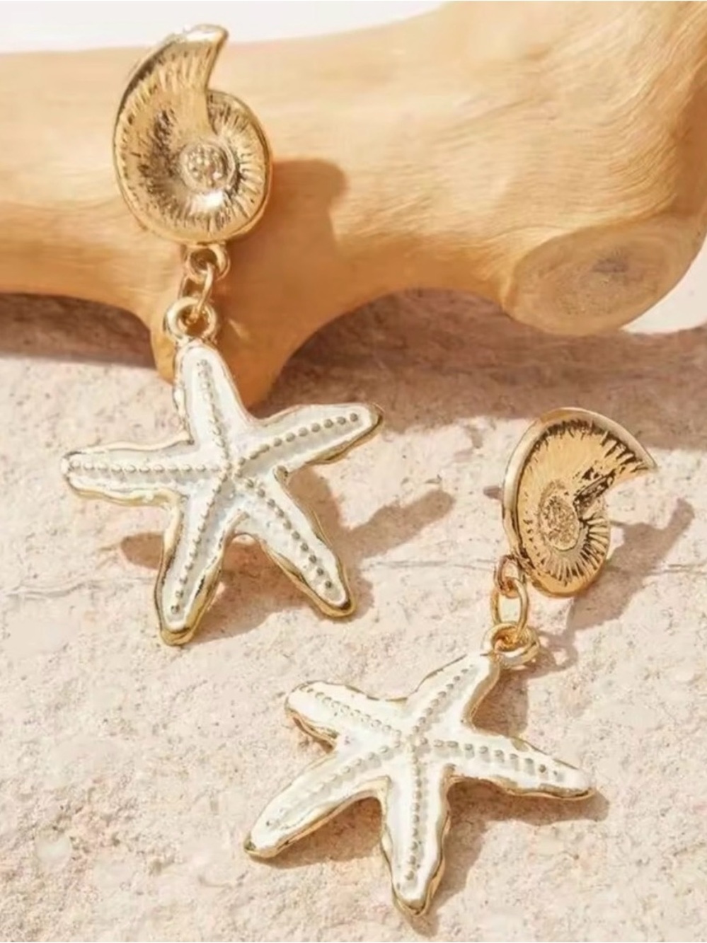 Gold and White Starfish Drop Earrings - Women's Jewelry - Picture 4 of 4